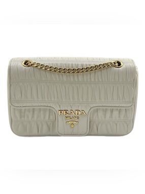 Prada Cream Ruched Leather Shoulder Bag with Gold Chain